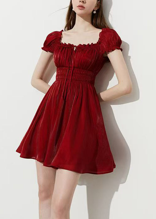 Smocked Waist Square Neck Tie Front Puff Sleeve A-Line Mini Dress - View 3