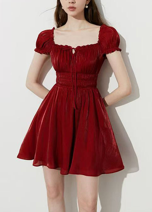 Smocked Waist Square Neck Tie Front Puff Sleeve A-Line Mini Dress - View 4