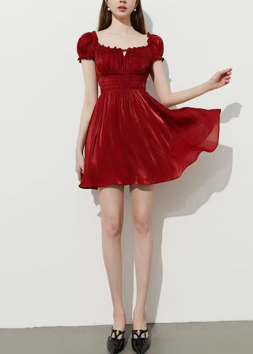 Smocked Waist Square Neck Tie Front Puff Sleeve A-Line Mini Dress - View 5