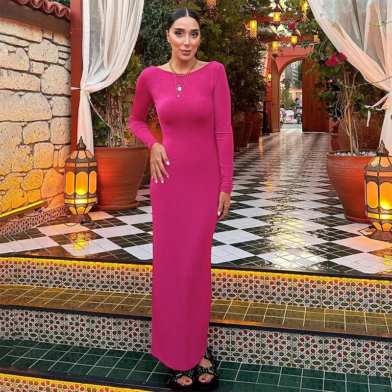 Ribbed Knit Long Sleeve Bodycon Maxi Dress