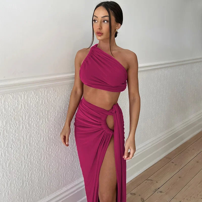 One Shoulder Ruched Cut Out High Slit Maxi Dress 3
