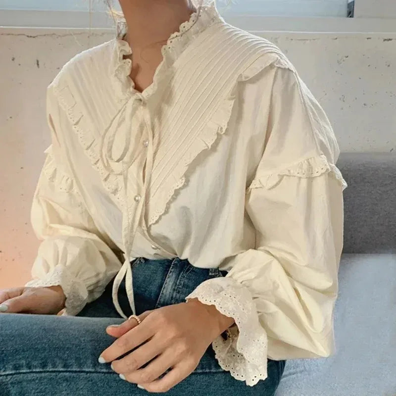 Ruffled Vintage Solid Long Sleeve Bow Blouse