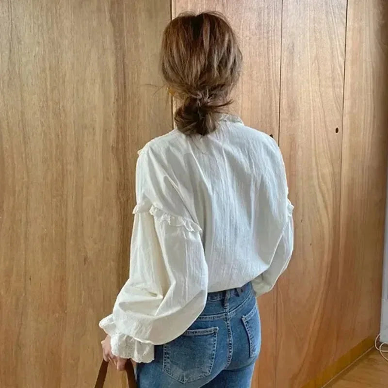 Ruffled Vintage Solid Long Sleeve Bow Blouse