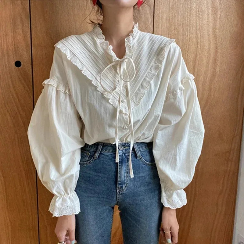 Ruffled Vintage Solid Long Sleeve Bow Blouse