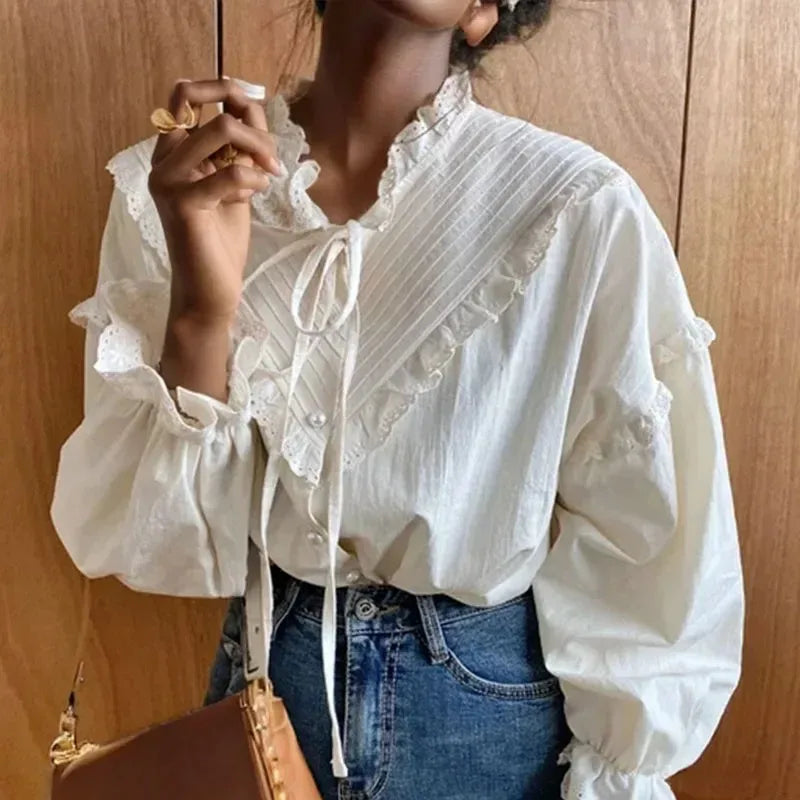 Ruffled Vintage Solid Long Sleeve Bow Blouse