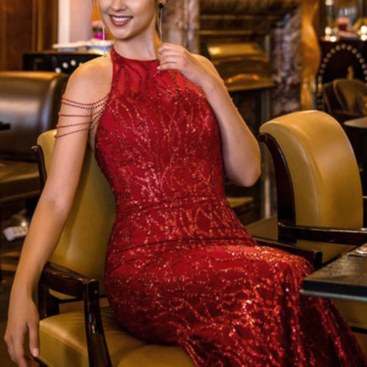 Sequin Halter Neck Beaded Sleeveless Mermaid Evening Gown - View 3