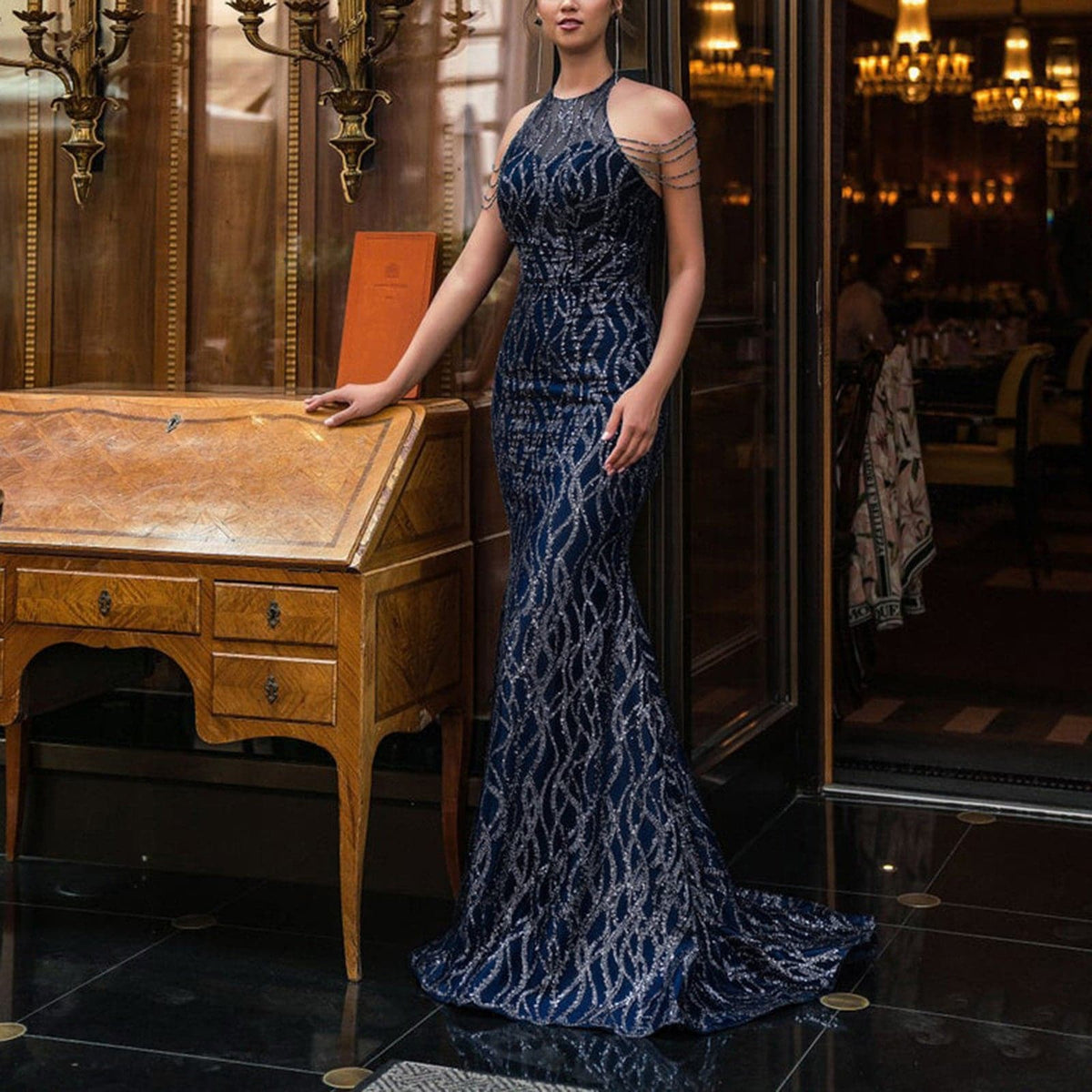 Sequin Halter Neck Beaded Sleeveless Mermaid Evening Gown - View 6