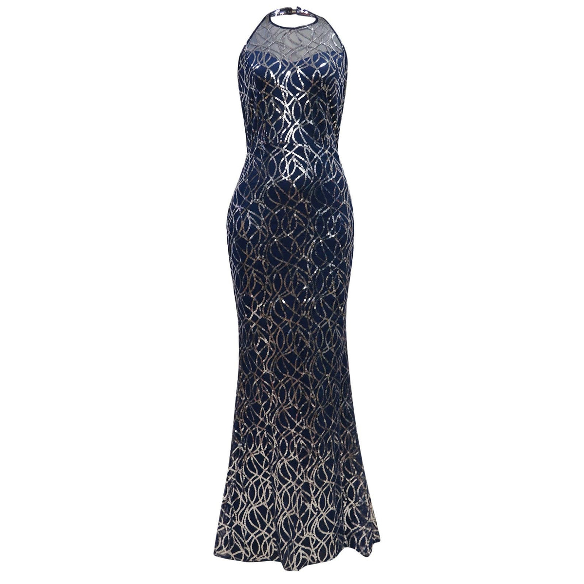 Sequin Halter Neck Beaded Sleeveless Mermaid Evening Gown - View 4