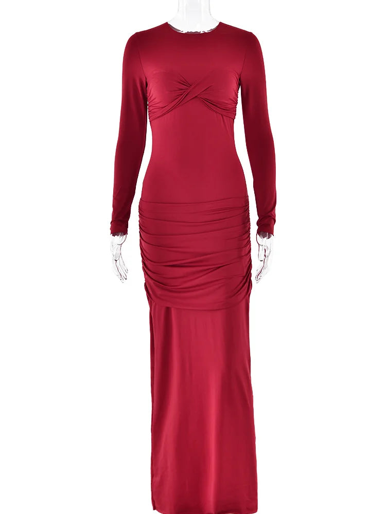 Red Christmas Party Dress - O-neck Long Sleeve Bodycon - Fashionpara