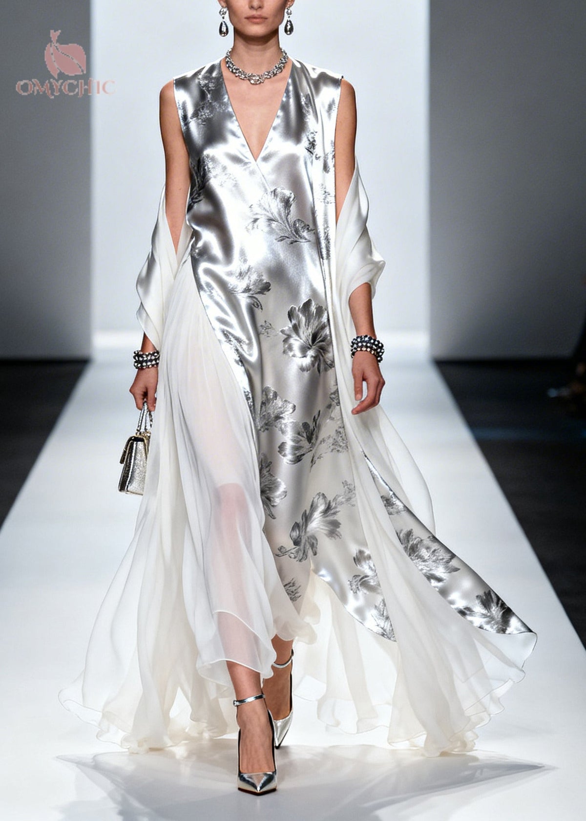 Metallic Floral Print Sleeveless V-Neck Sheer Drape Panel Maxi Gown - View 3