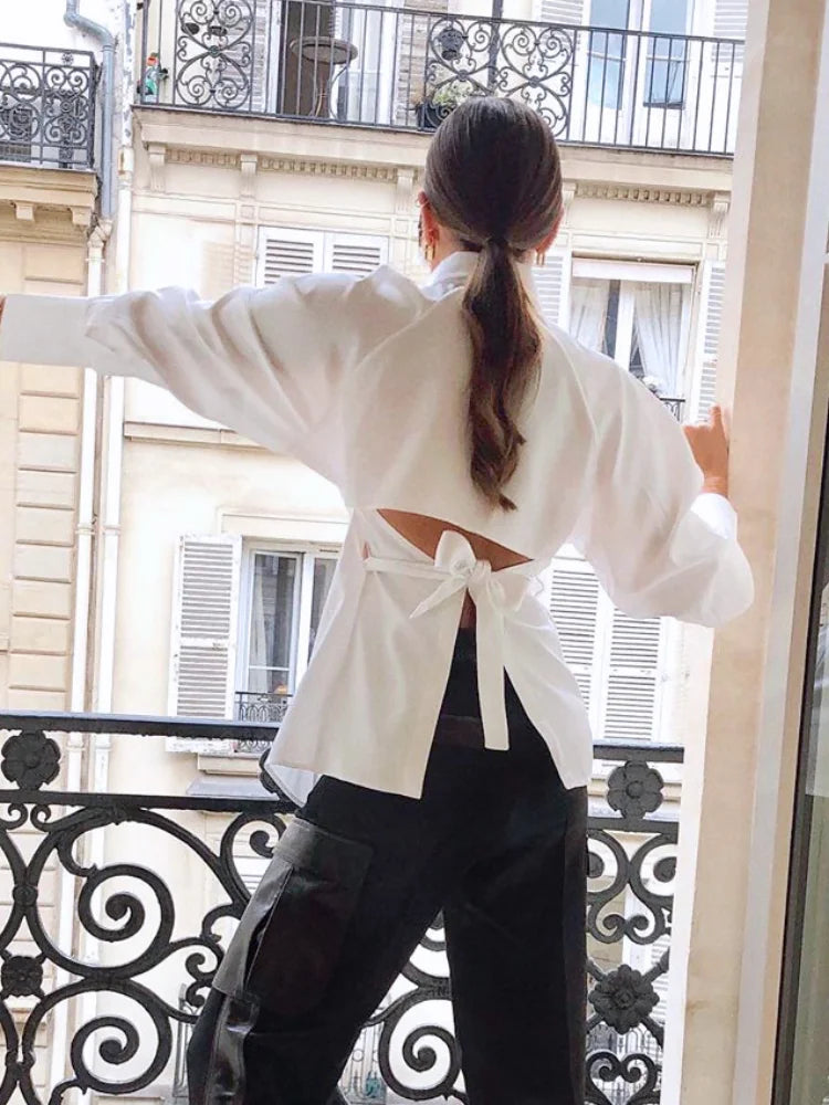 Solid Lapel Single Breasted White Blouse