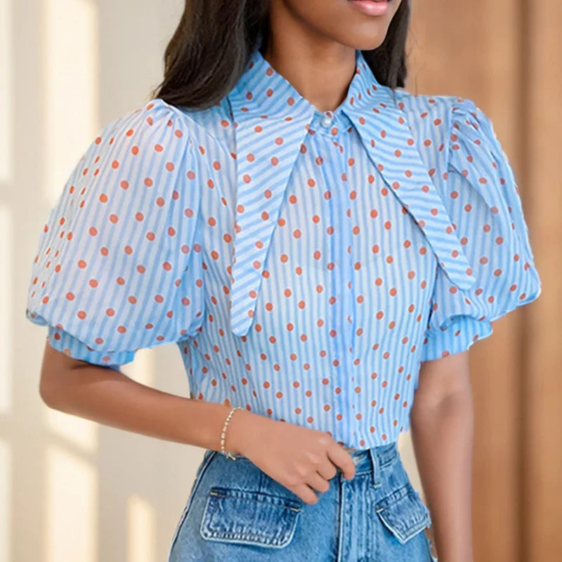 Polka Dot Print Elegant Loose Puff Sleeve Blouse