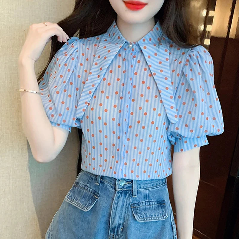 Polka Dot Print Elegant Loose Puff Sleeve Blouse