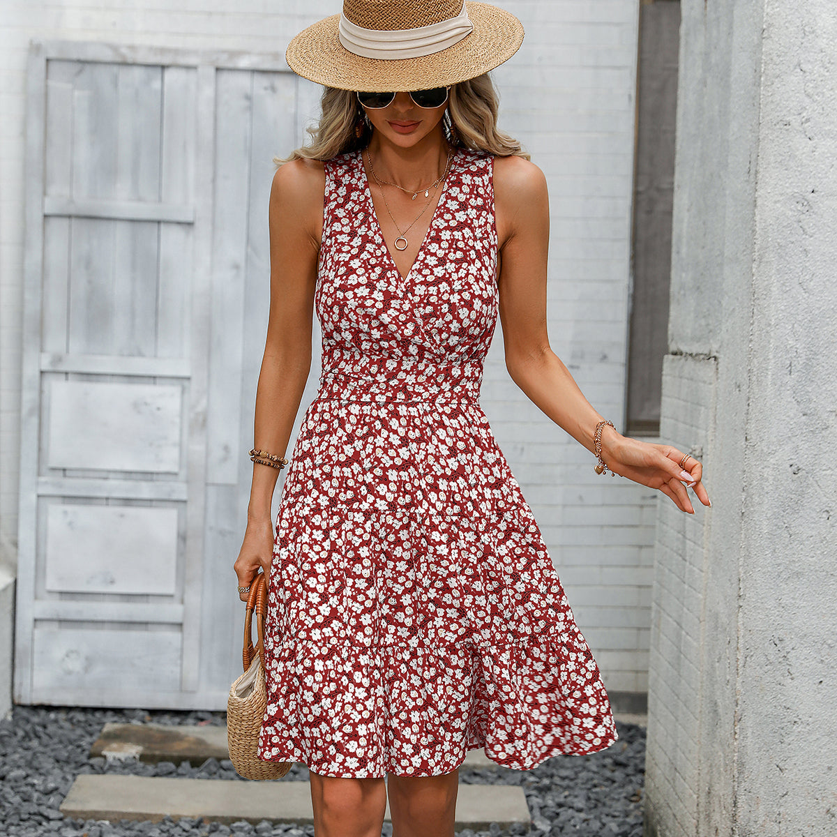 Fashion V Neck Floral Print Tie Waist Dress - Fashionpara
