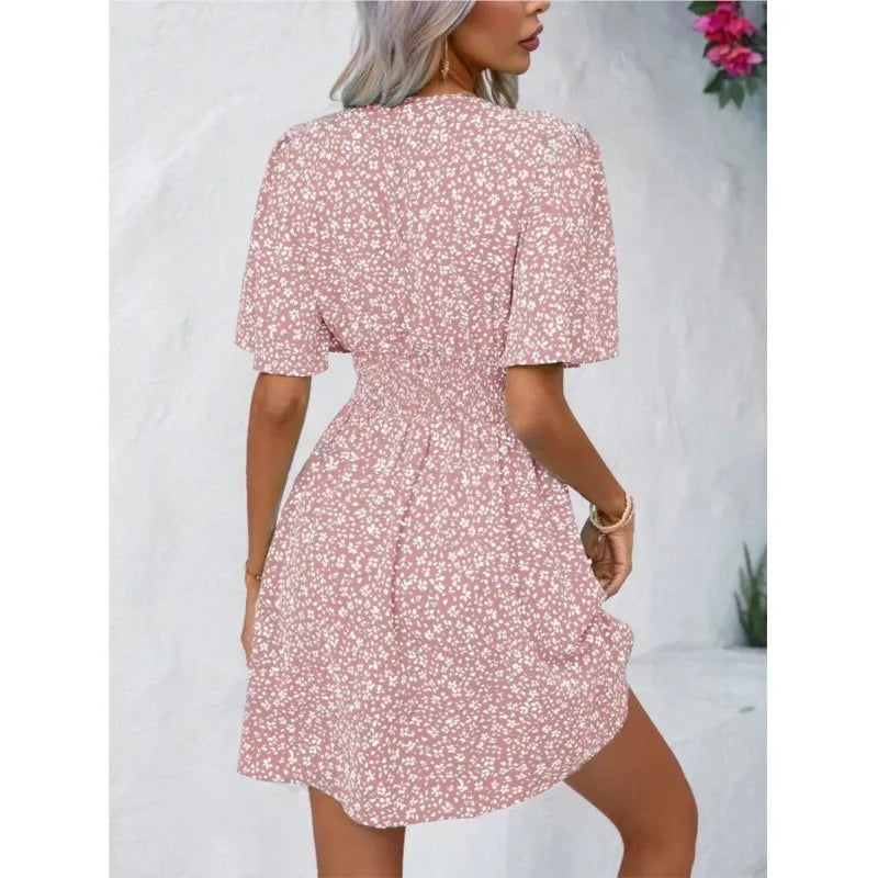 High Waisted V-neck Pleated Floral Dress