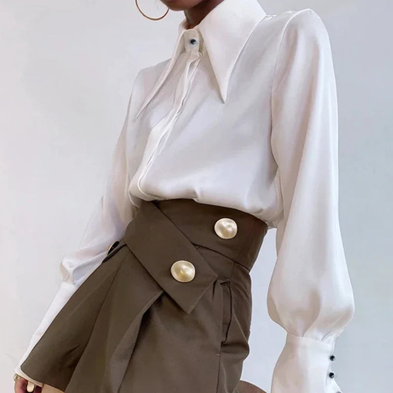 Vintage Satin Silk Turn Down Collar Blouse