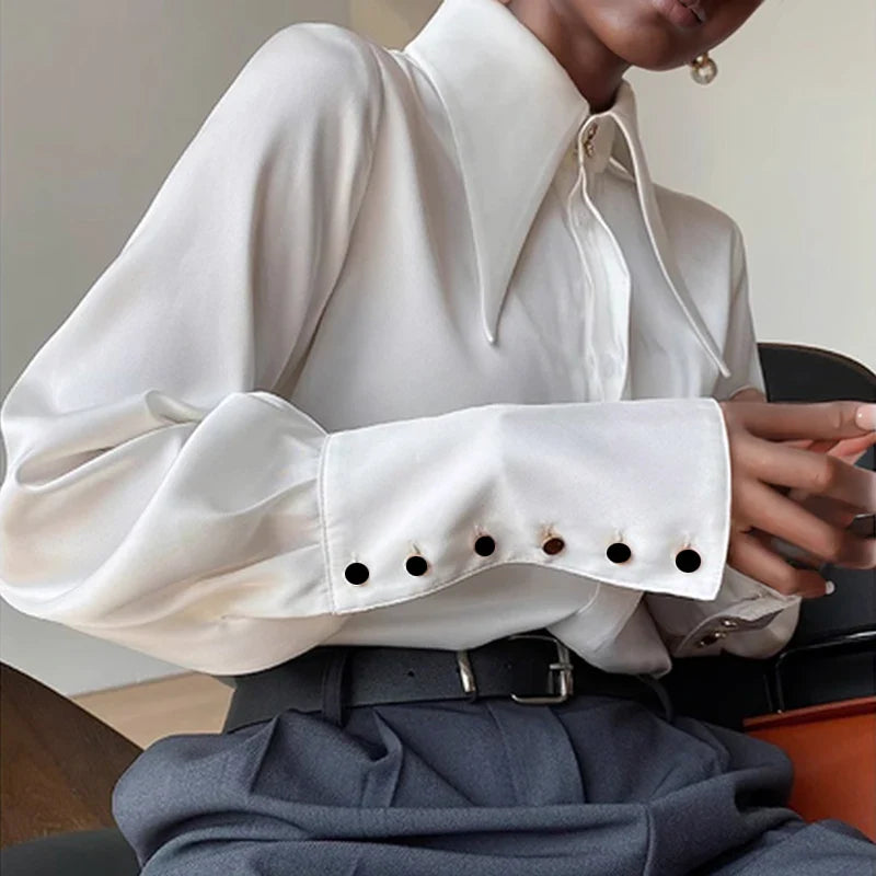 Vintage Satin Silk Turn Down Collar Blouse