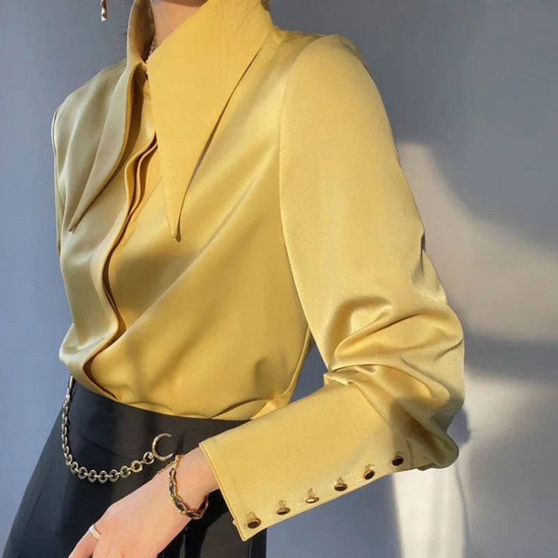 Vintage Satin Silk Turn Down Collar Blouse