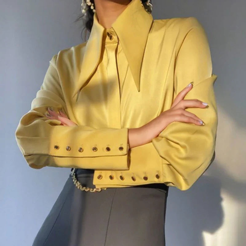 Vintage Satin Silk Turn Down Collar Blouse