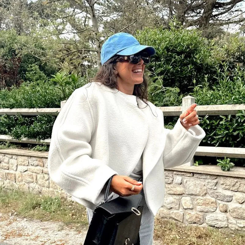 Fashion White Thicken Long Sleeve Faux Wool Chic Coats - Fashionpara