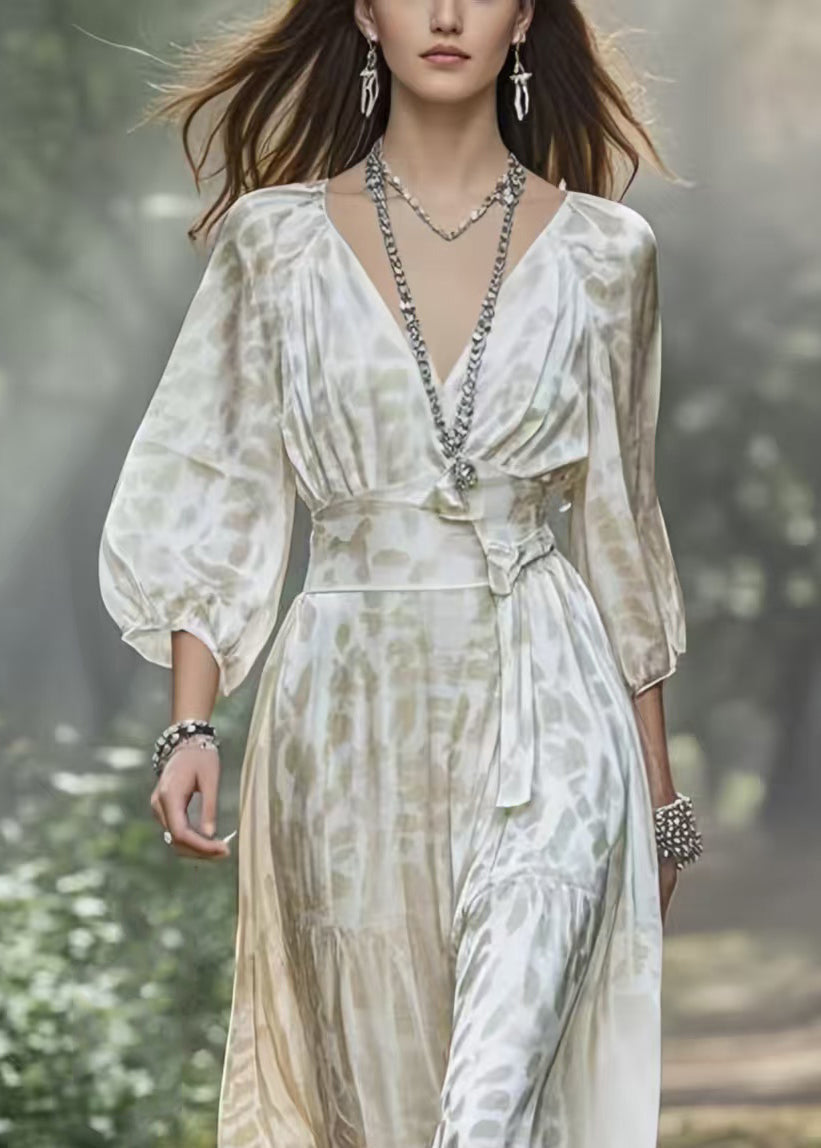Deep V-Neck Lantern Sleeve Belted High Split Chiffon Maxi Dress - View 2