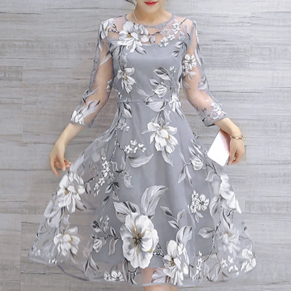 Floral Organza O-Neck Mesh Sleeve A-Line Midi Dress 7