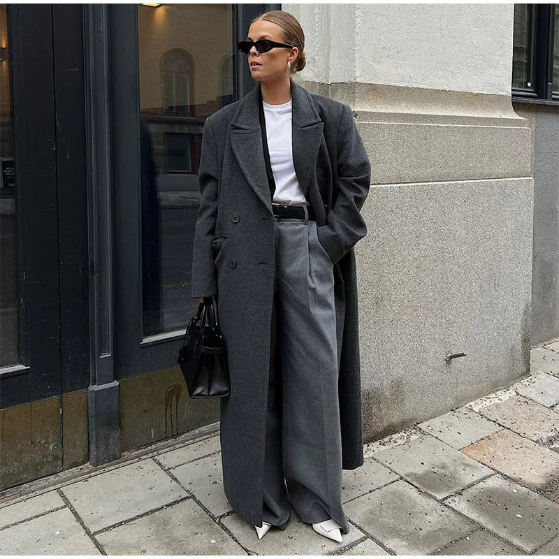 Ribbed Woolen Double-Breasted Overcoat