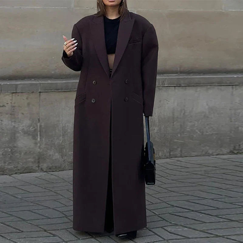 Ribbed Woolen Double-Breasted Overcoat