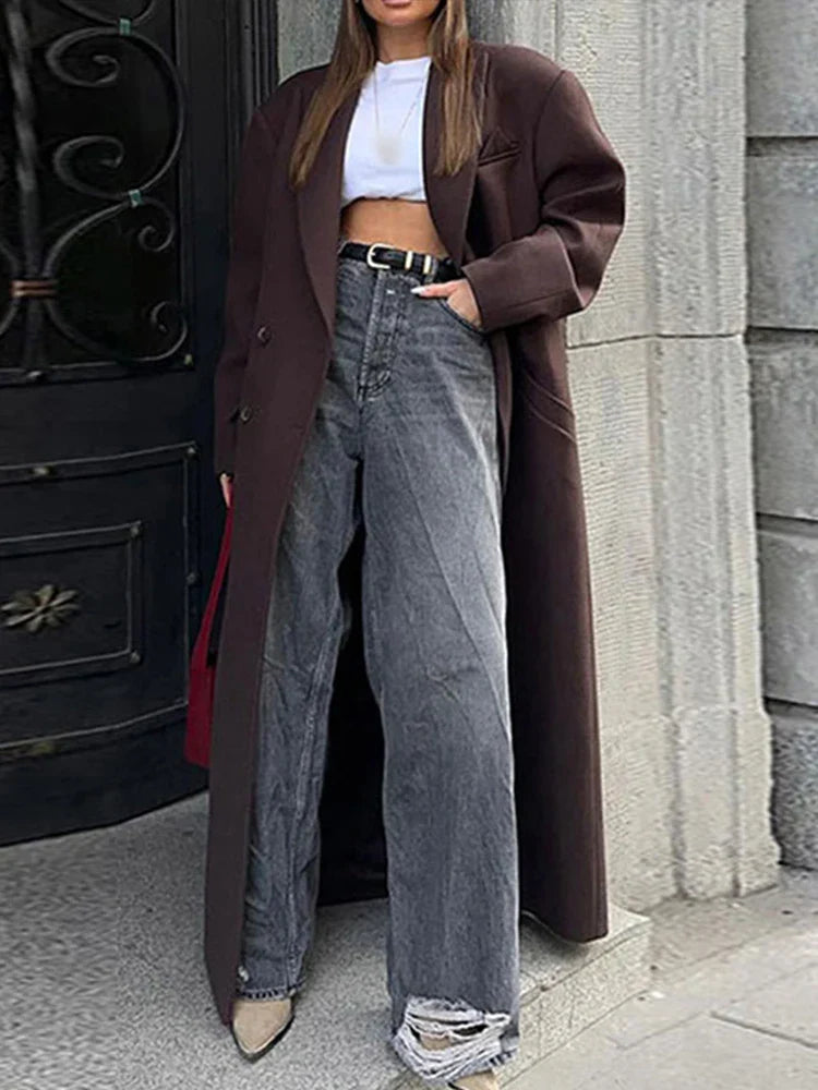 Ribbed Woolen Double-Breasted Overcoat