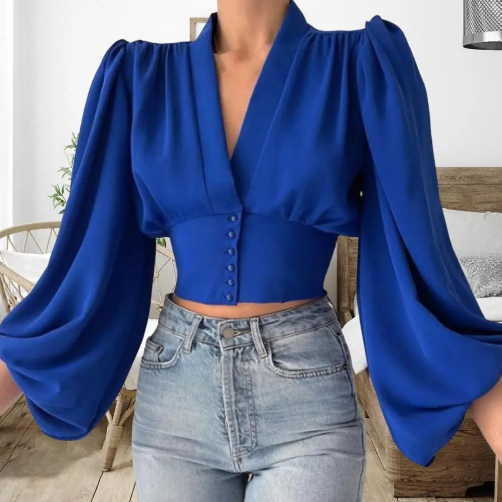 Slim Fit V Neck Cropped Lantern Blouse