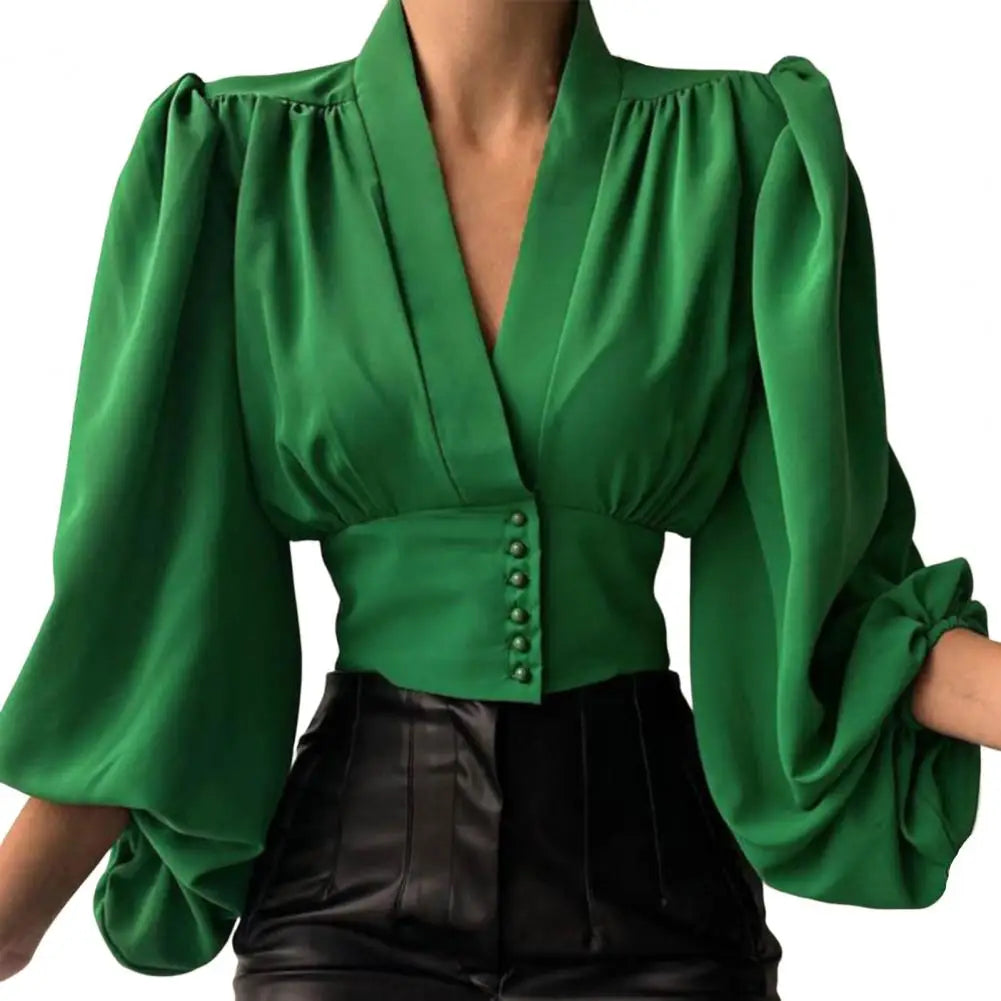 Slim Fit V Neck Cropped Lantern Blouse