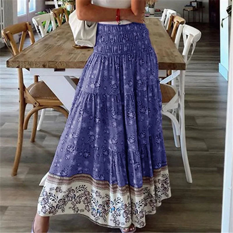 Casual Floral Elastic Waist Boho Style Skirt