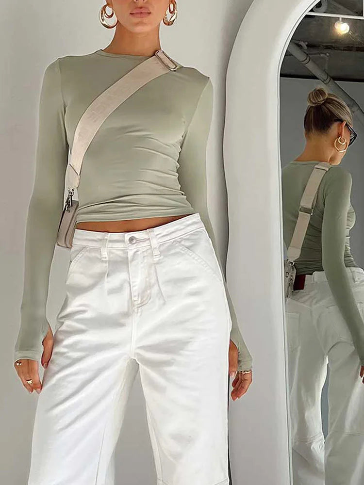 Fashion Crew Neck Slim Fit Long Sleeve Knit Top with Thumb Holes - Fashionpara