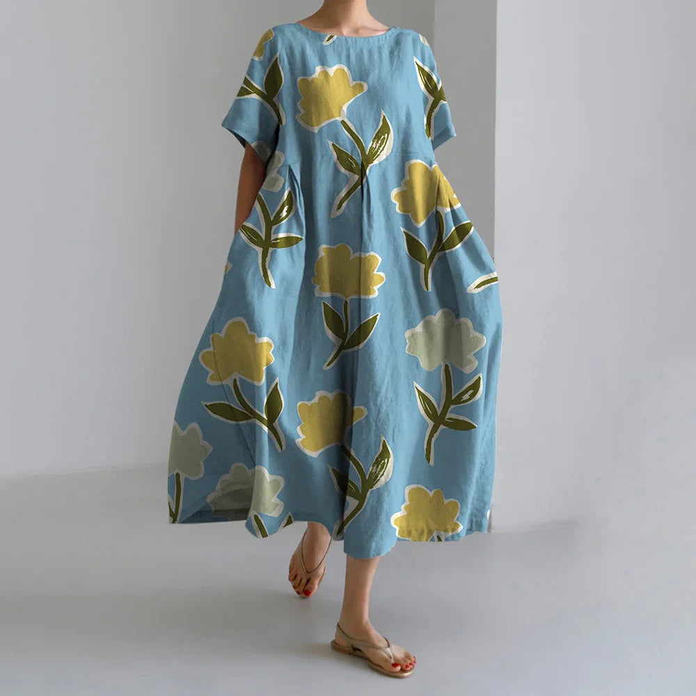 Casual Round Neck Floral Print Loose Long Summer Dress
