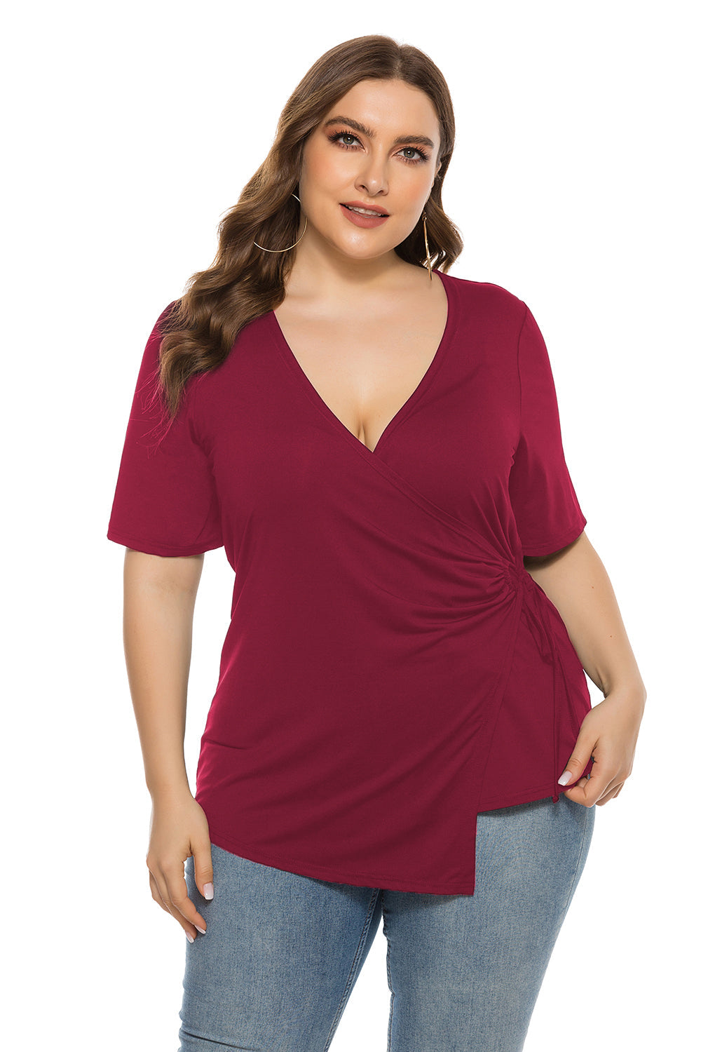 Fashion Women's Summer New Pure solid Color Top Plus Size V Neck Strappy Shirt Blouse - Fashionpara