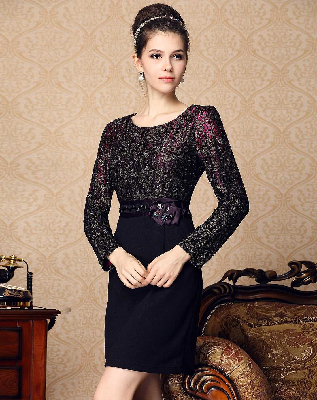 KittenAlarm - Fashion Women's elegant temperament dress lace stitching slim long-sleeved dress autumn