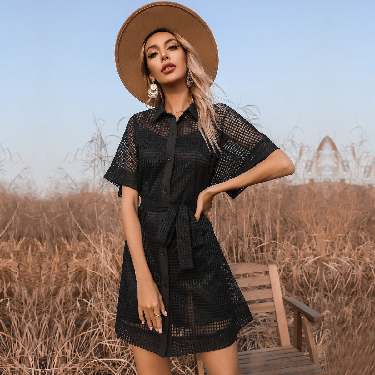 Eyelet Collared Short Sleeve Belted Shirt Mini Dress