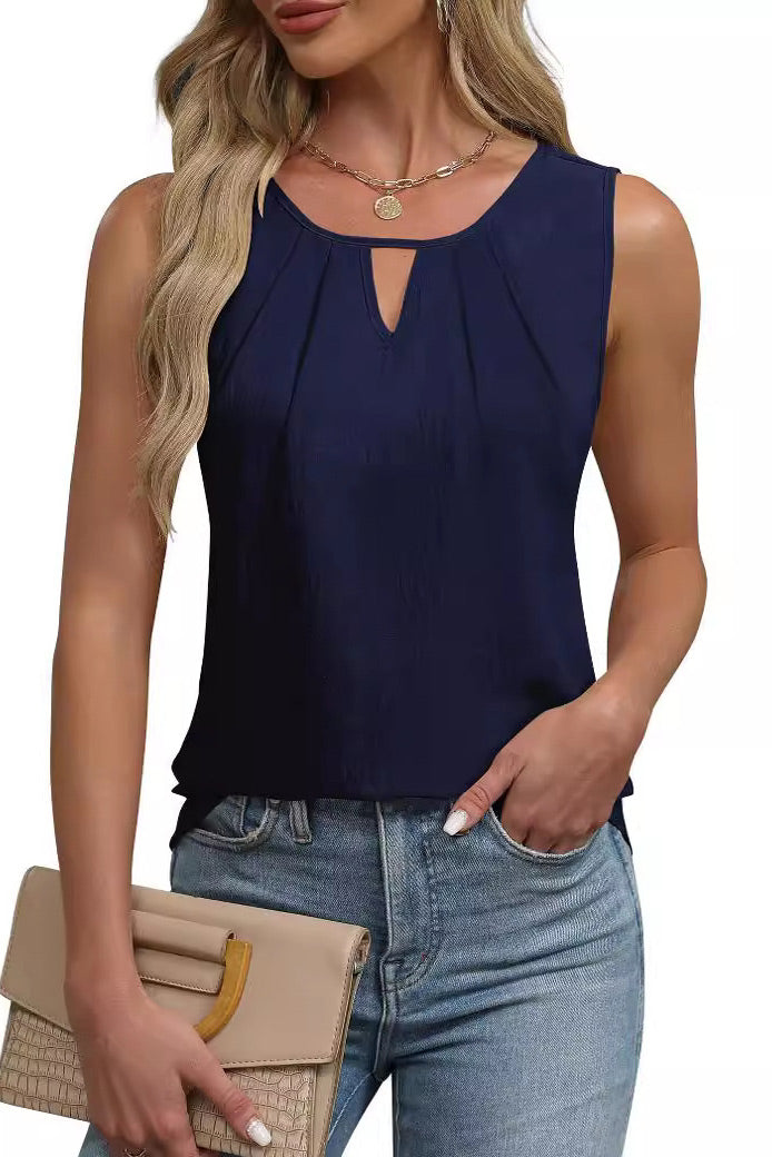 Royal Blue Pleated Sleeveless Top Chiffon Vest Hollow T-shirt