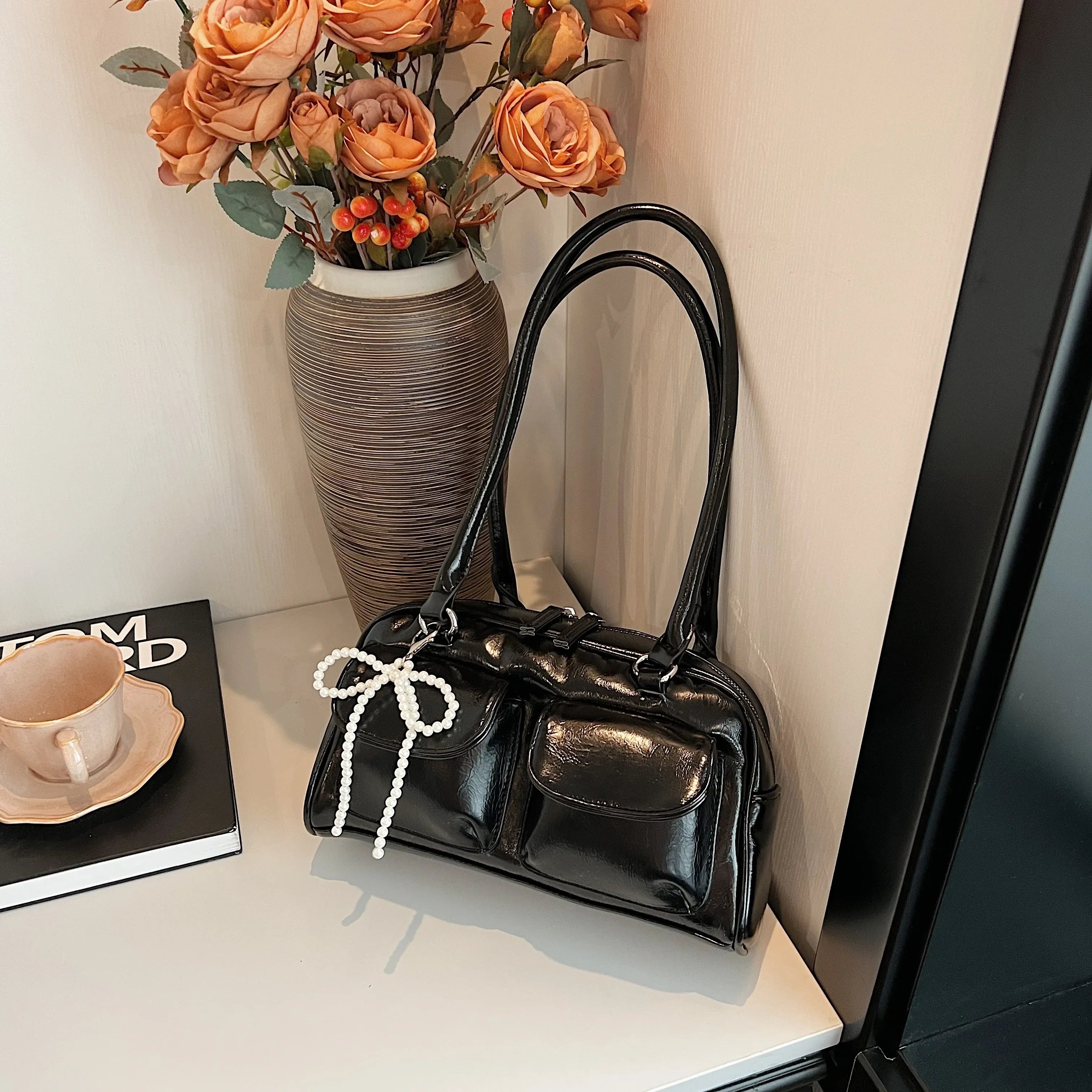 Black PU Leather Casual Shoulder Bag
