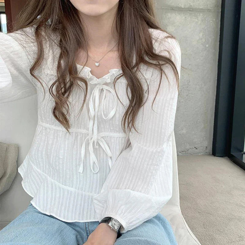 Vintage Loose White Ruffled Long Sleeve Blouse