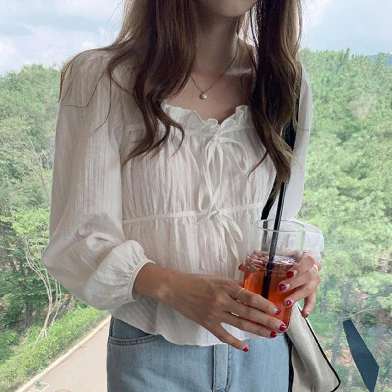 Vintage Loose White Ruffled Long Sleeve Blouse