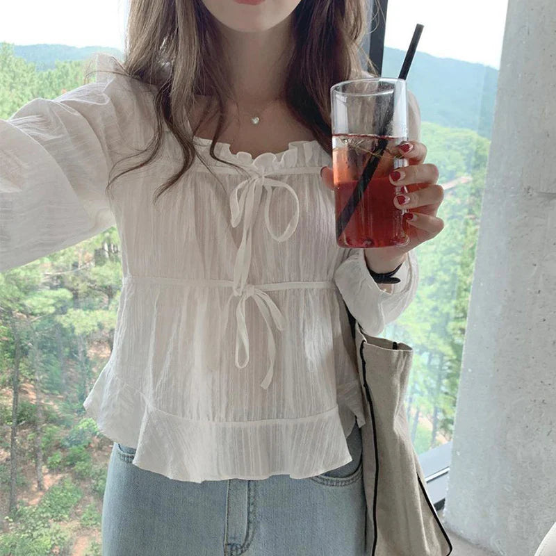 Vintage Loose White Ruffled Long Sleeve Blouse