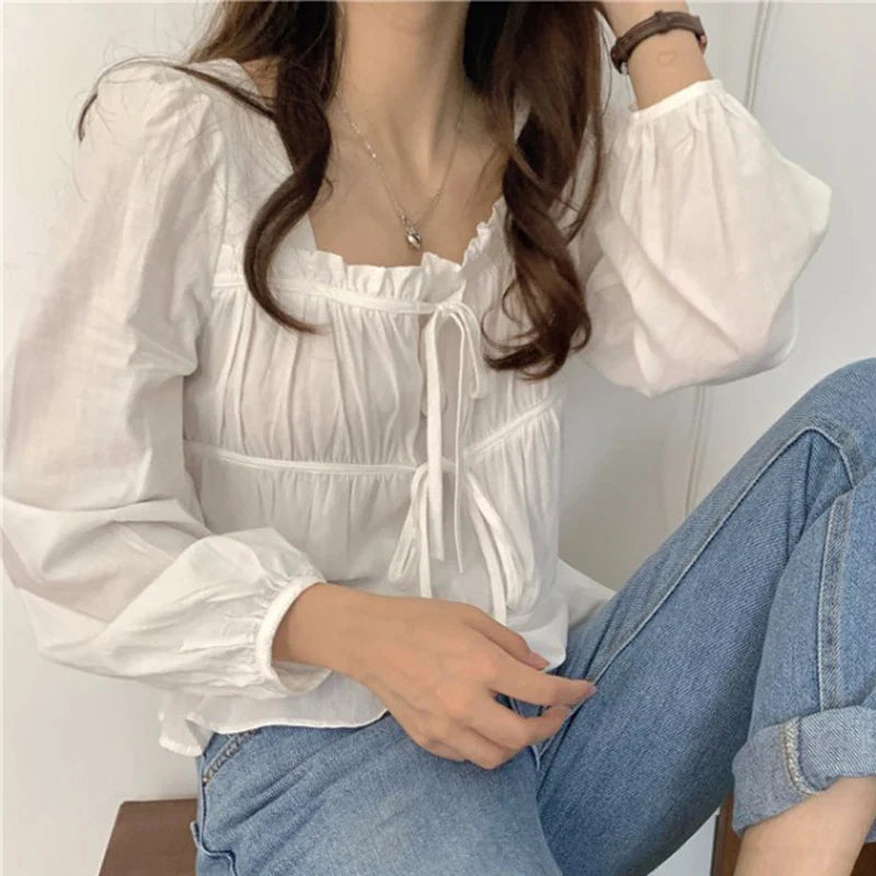 Vintage Loose White Ruffled Long Sleeve Blouse