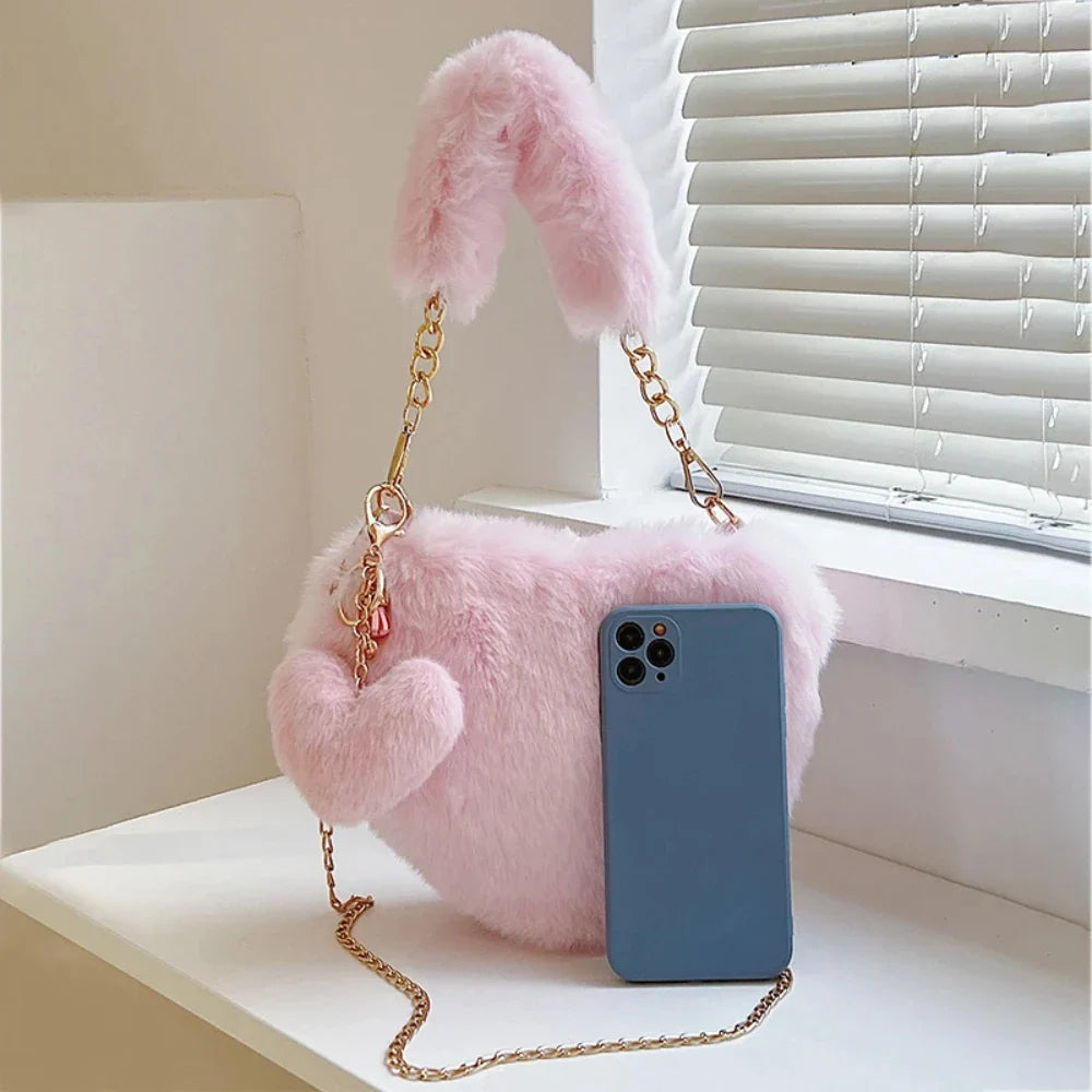 Heart-shaped Faux Fur Plush Small Crossbody Handbag