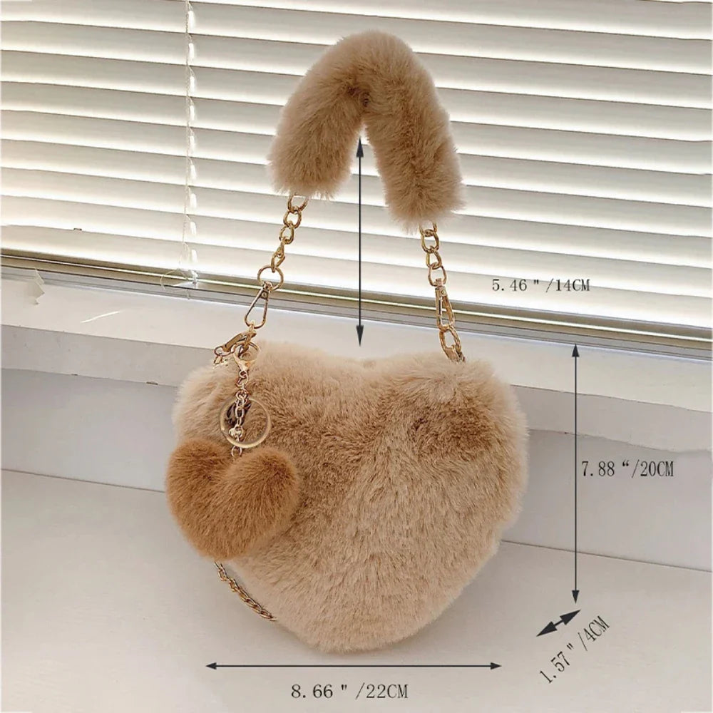 Heart-shaped Faux Fur Plush Small Crossbody Handbag