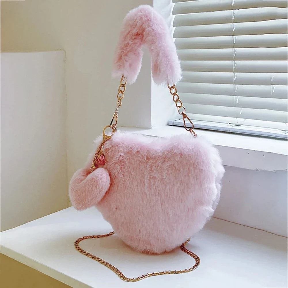 Heart-shaped Faux Fur Plush Small Crossbody Handbag
