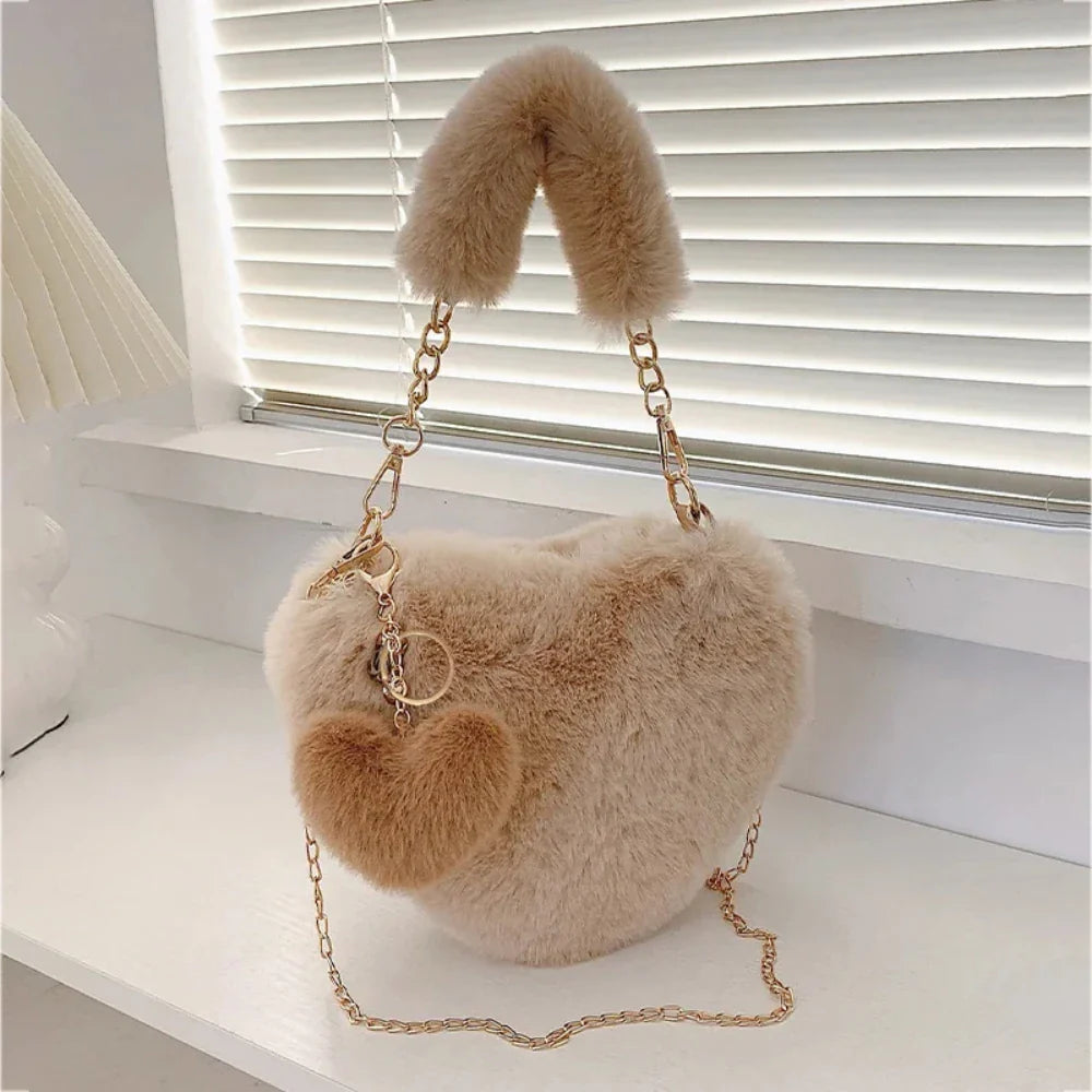 Heart-shaped Faux Fur Plush Small Crossbody Handbag