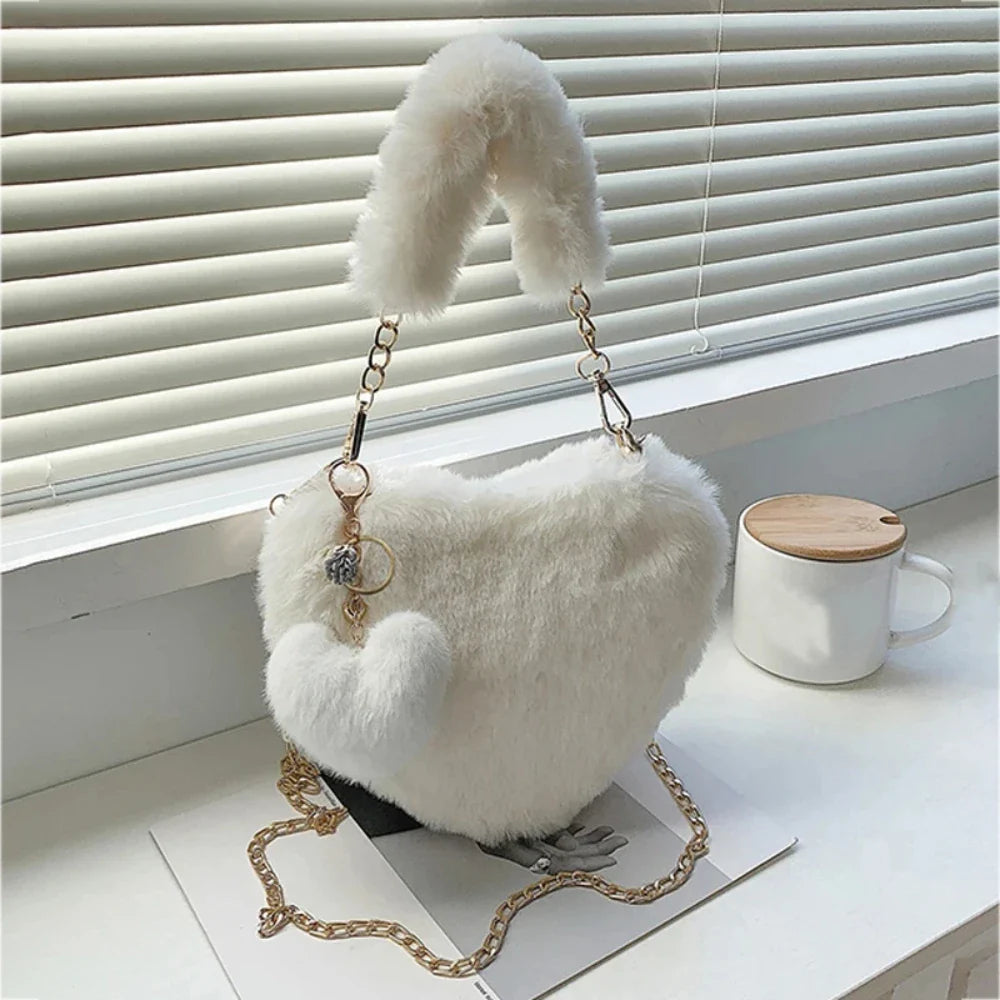 Heart-shaped Faux Fur Plush Small Crossbody Handbag