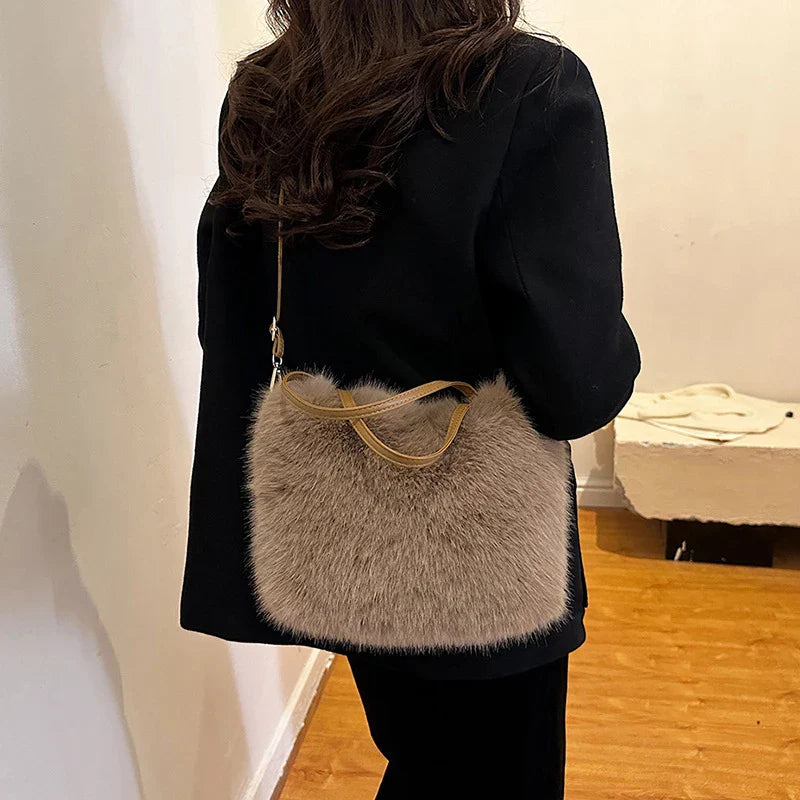 Faux Fur Plush Bucket Tote Winter Crossbody Shoulder Handbag