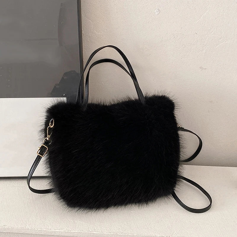 Faux Fur Plush Bucket Tote Winter Crossbody Shoulder Handbag